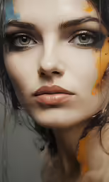 a woman with brown hair is looking directly at the camera