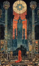 a woman in red standing at the bottom of stairs with large clock in background