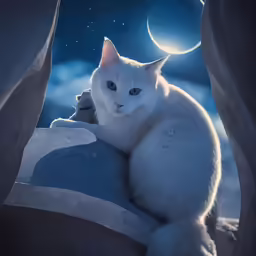 a white cat sitting on rocks with the moon in the background