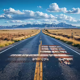 an empty road in the middle of nowhere with a warning sign laying in front