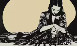 a black and white image of a girl lying in front of the moon