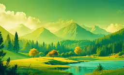 painting of a grassy field with trees and mountains in the distance,a large painting of mountains with trees and water