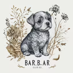 a drawing of a small puppy sitting in a grass flower