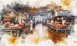 a painting of a kitchen filled with lots of cooking equipment