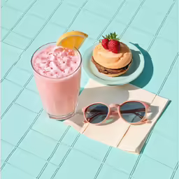a cake with a strawberry and ice cream on a plate and sunglasses