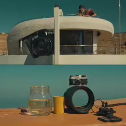 two different photos one has a camera on top and the other is a jar of liquid