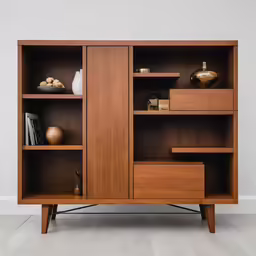 a wooden cabinet with glass doors next to a white wall