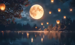 an illuminated moon sits over a lake and lanterns float overhead