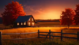 the sun sets in the background and there is a house in the field,a fence stands in front of a barn and field