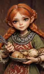 a cartoon girl dressed in a renaissance costume is holding a plate of potatoes