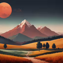 this painting depicts the scenery of a mountain range,painting depicting the view of mountains and a stream