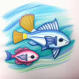 two fish one red, one yellow and one blue,a drawing of two fish in the water with a shell