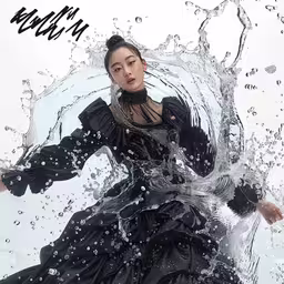 the woman is holding an umbrella under water,a woman with a black dress posing on water
