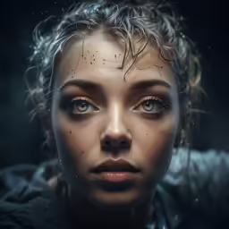 a woman staring in the dark with lots of freckled hair on her face