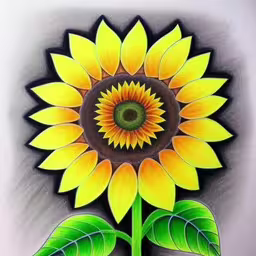 this is a drawing of a sunflower on paper,an ink drawing of a sunflower with leaves