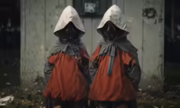two women standing next to each other wearing cloaks and hoods