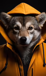 a wolf dressed in an orange raincoat