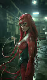 a beautiful woman with red hair in a suit and mask,a red costumed woman standing in a dark room