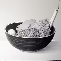 a drawing of a bowl with leaves and an umbrella