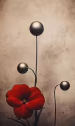a red flower with some black balls on it