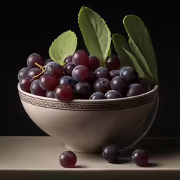 grapes in a bowl with green leaves on top