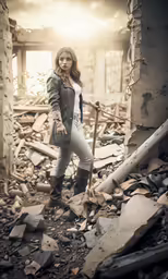 an attractive young woman standing in a destroyed room