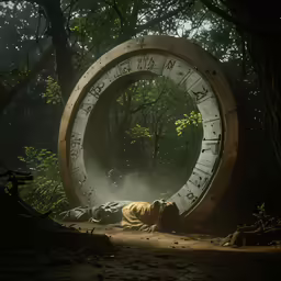 a man is resting on the ground in front of a large metal circular object