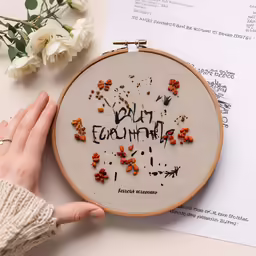 someone is embroidered the words with beads and threads