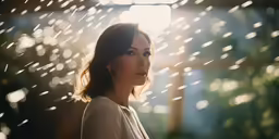 a woman looks off in the distance while standing under an umbrella