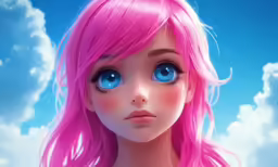 the animation character has blue eyes and long pink hair