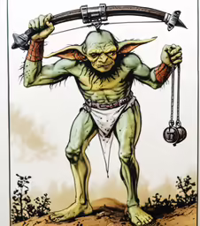 a card with a drawing of an old troll holding a barbell