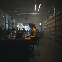 a lady sits in front of her laptop on the table in a library