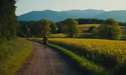 a woman walking down a country road with mountains in the background