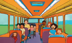 people riding on the bus in cartoon,kids in a school bus on an orange background