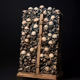 there are many skulls that are stacked on a shelf