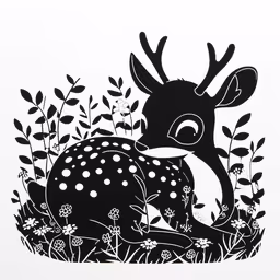 a black and white drawing of a deer lying down,a fawnder in some leaves and flowers