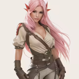 the woman is dressed in costume, and has pink hair
