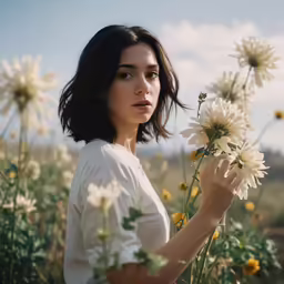 a woman is holding up white flowers while looking down