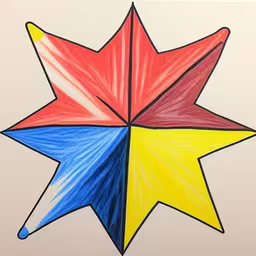 drawing of colorful star in squares over white paper,a drawing of a star with a smaller one,a drawing of a star made from colored pencils,a drawing of a star with many colors,drawing of a star with multiple colors