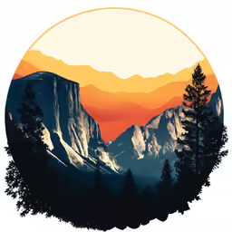 a painting of trees on a mountain at sunset