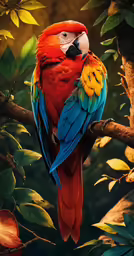 colorful parrot sitting on branch next to large leaves