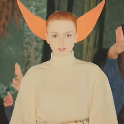a red headed woman with wings on her head