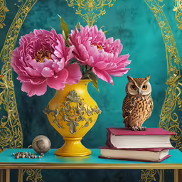 a owl sitting on a book and a vase of flowers