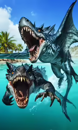 two dinosaur swimming side by side in water