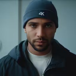 a man wearing a black hat with the number four on it