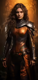 a woman dressed as a warrior, in armor and a red cape
