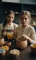 two women in white are sitting at a table