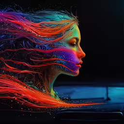 a woman with bright hair in a black room