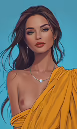 a girl that is wearing a gold top and some jewelry