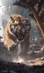 a tiger runs through a path into the wilderness